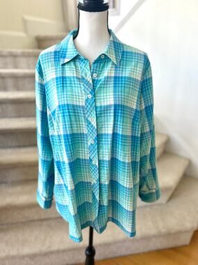 Talbots Aqua Blue Metallic Checked Plaid Button Down Shirt